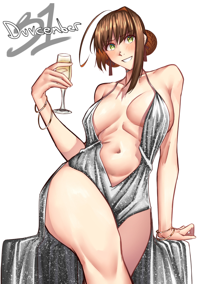 1girl, absurdres, ahoge, alcohol, antenna_hair, backless_dress, backless_outfit, blush