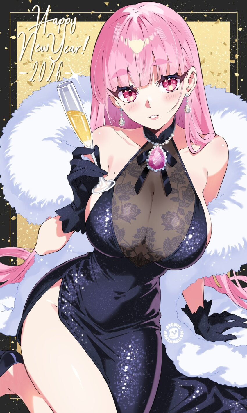 1girl, alcohol, atomicmrshmallw, black_dress, black_gloves, black_shoes, breasts, champagne