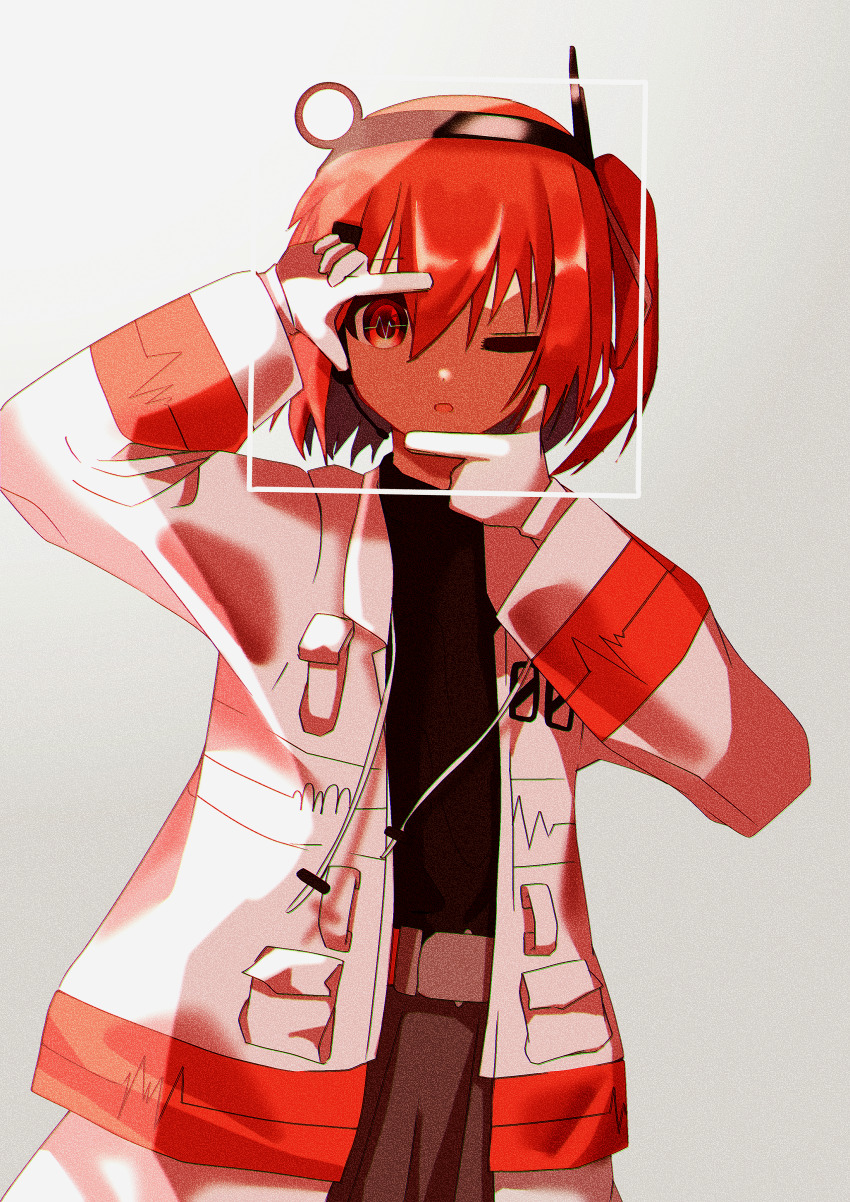 1girl, a.i._voice, absurdres, adachi_rei, commentary_request, finger_frame, highres, jacket