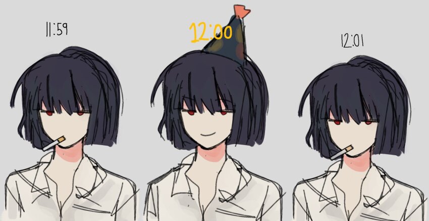 1girl, black_hair, bob_cut, cigarette, collared_shirt, commentary, empurpiee, english_commentary