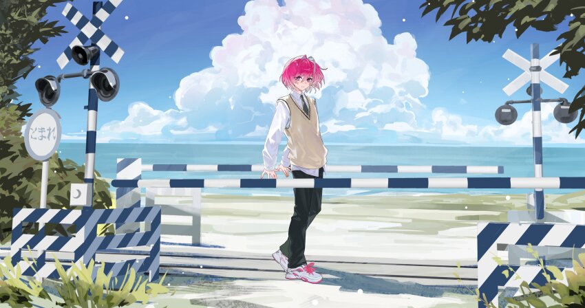 1boy, absurdres, ahoge, arms_behind_back, black_pants, blue_sky, brown_sweater_vest, bush