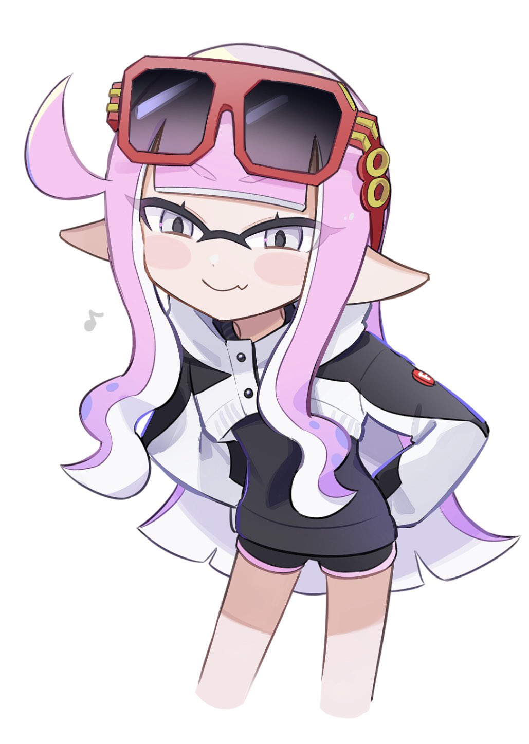 1girl, arms_behind_back, black_jacket, black_shirt, black_shorts, blunt_bangs, blush_stickers, closed_mouth