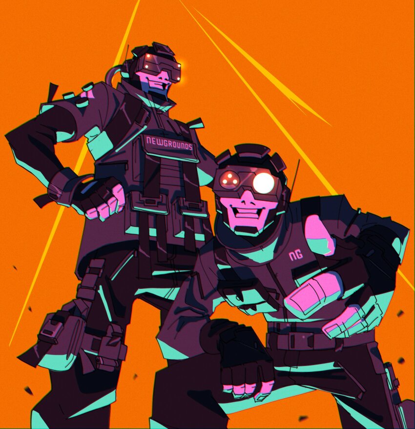 2boys, black_gloves, black_jacket, black_pants, copyright_name, feet_out_of_frame, fingerless_gloves, gloves