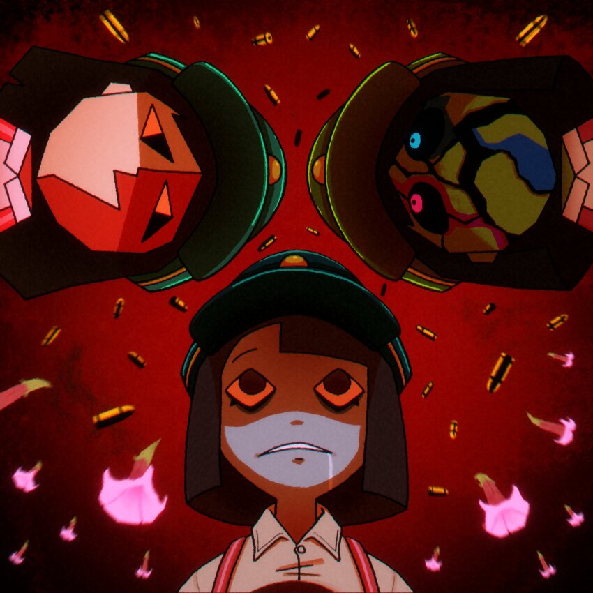 3girls, absurdres, ammunition, black_eyes, black_hair, blue_eyes, character_request, check_character, commentary, drooling, ena:_dream_bbq, ena_(dream_bbq), ena_(series), ena_(web_series), english_commentary, flower, green_ena, green_hat, handgun_cartridge, hangover_ena, hat, heterochromia, highres, marco_cardenas, multiple_girls, multiple_persona, red_background, red_eyes, salesperson_ena, shirt, short_hair, surreal, suspenders, upper_body, white_shirt