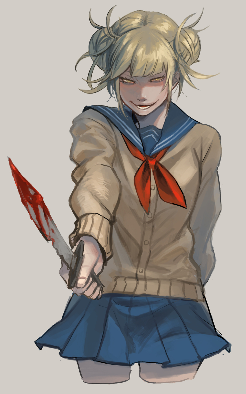 1girl, absurdres, blonde_hair, blood, bloody_weapon, blue_skirt, boku_no_hero_academia, cardigan
