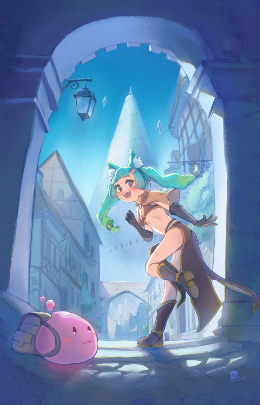 1girl, :3, animal_ears, bikini, bikini_top_only, blue_sky, blunt_bangs, boots