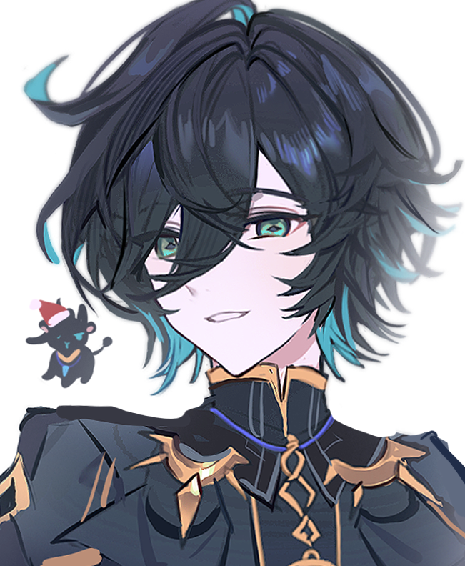 1boy, ahoge, ainchase_ishmael, animalization, black_hair, blue_hair, colored_inner_hair, commentary