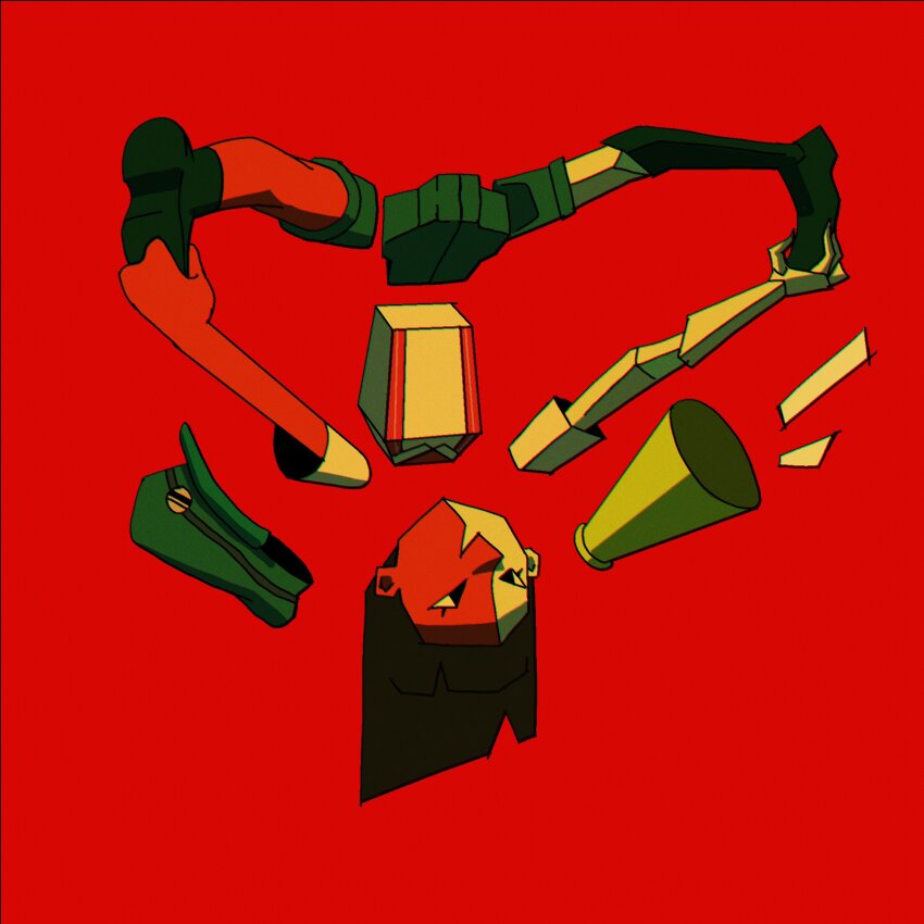 1girl, commentary, ena:_dream_bbq, ena_(dream_bbq), ena_(series), english_commentary, full_body, grabbing_own_leg, hat, highres, marco_cardenas, megaphone, red_background, salesperson_ena, shoes, short_hair, simple_background, socks, solo, suspenders, unworn_hat, unworn_headwear, upside-down