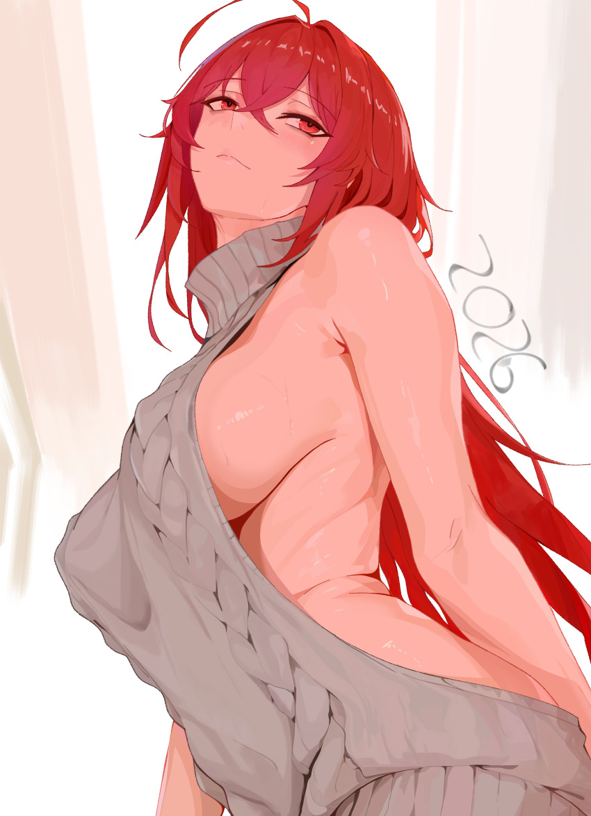 1girl, 2026, absurdres, ahoge, alternate_costume, aran_sweater, bare_arms, bare_shoulders, blush, breasts, cable_knit, commentary, crossed_bangs, dress, english_commentary, goddess_of_victory:_nikke, grey_sweater, hair_between_eyes, highres, large_breasts, long_hair, looking_up, naggarron, naked_sweater, nihilister_(nikke), red_eyes, red_hair, ribbed_sweater, sideboob, sleeveless, sleeveless_sweater, sleeveless_turtleneck, smile, solo, sweat, sweater, sweater_dress, turtleneck, turtleneck_sweater, upper_body, very_long_hair, virgin_killer_sweater