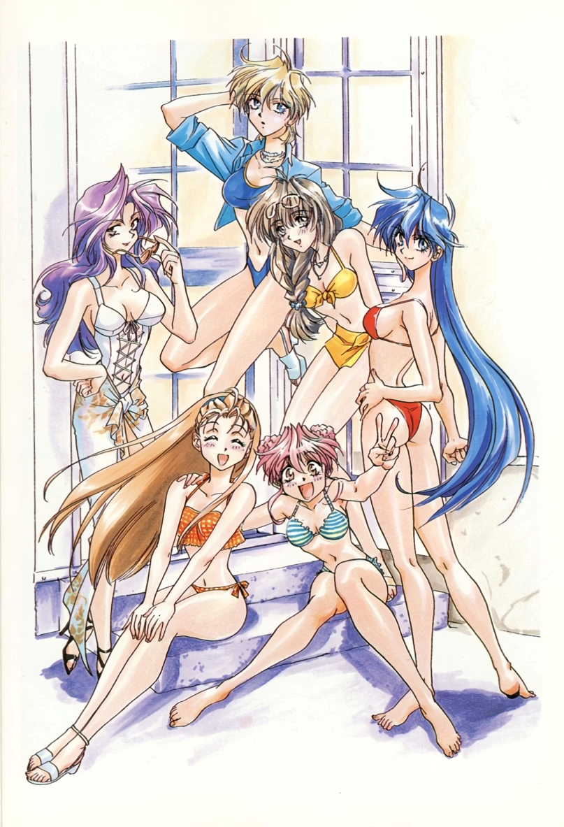 1990s_(style), arai_kiyomi, arm_up, arms_behind_back, arms_behind_head, ass, bikini, blue_bikini