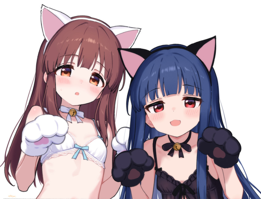 2girls, animal_ears, animal_hands, babydoll, bell, blue_hair, blush, bra