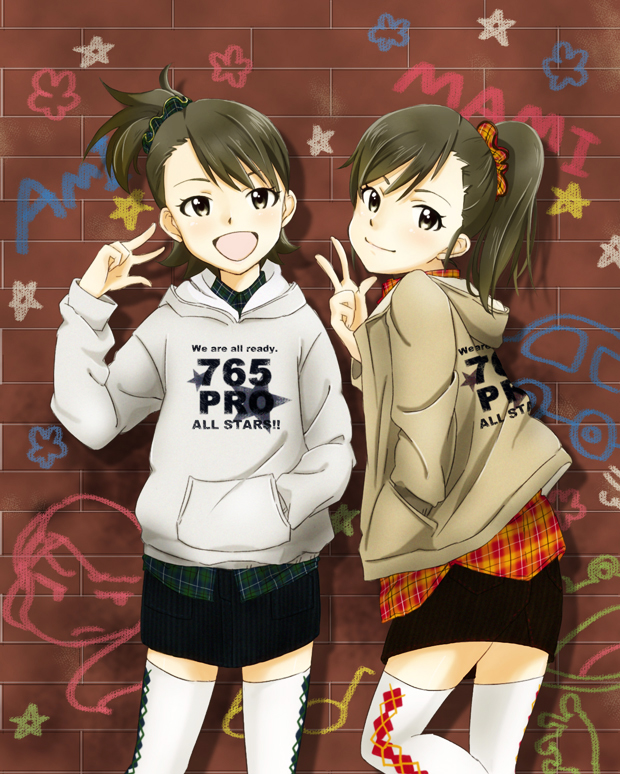 10s, 2girls, bad_id, bad_pixiv_id, brick_wall, brown_eyes, brown_hair, futami_ami