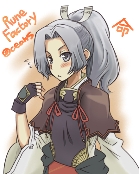 blush, gloves, grey_eyes, grey_hair, harvest_moon, mikoto_(rune_factory), ponytail, rune_factory, rune_factory_oceans