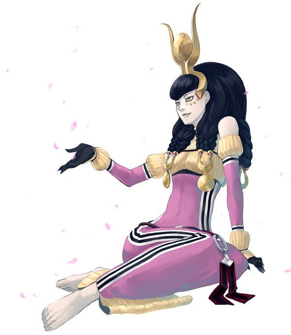 1girl, atlus, barefoot, feet, female_focus, hair_ornament, hathor, jewelry, medium_hair, no_shoes, official_art, shin_megami_tensei, simple_background, solo, toes, white_background, yellow_eyes