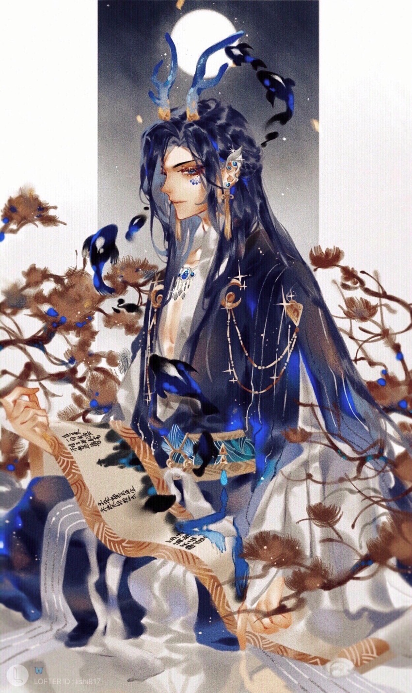 1boy, blue_cape, blue_eyes, blue_gem, blue_hair, blue_hanfu, blue_horns, blue_robe