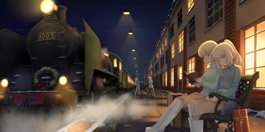 4girls, absurdres, blanket, blonde_hair, blue_eyes, boots, box, bra