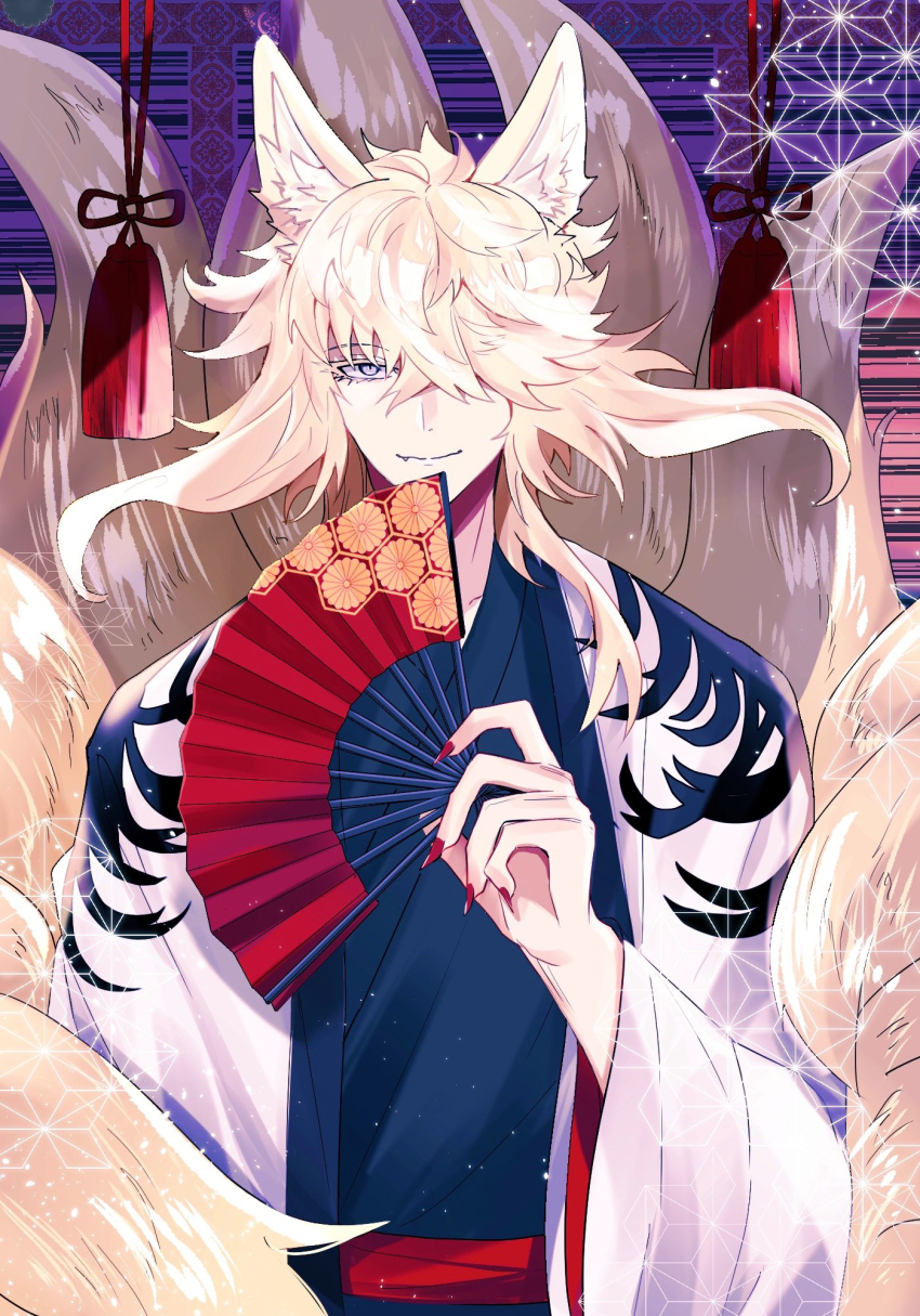 1boy, animal_ear_fluff, animal_ears, asa_no_ha_(pattern), black_kimono, blonde_hair, blue_eyes, chrysanthemum_print, closed_mouth, colored_eyelashes, commentary_request, fang, fang_out, fingernails, floral_print, folding_fan, fox_boy, fox_ears, fox_tail, hair_over_one_eye, hair_over_shoulder, hand_fan, haori, highres, holding, holding_fan, ichimonji_norimune, japanese_clothes, kemonomimi_mode, kikumon, kimono, kitsune, kyuubi, long_fingernails, long_hair, long_sleeves, looking_at_viewer, male_focus, multiple_tails, red_nails, sharp_fingernails, smile, solo, tail, tassel, touken_ranbu, tyabasira719, upper_body, white_haori, wide_sleeves