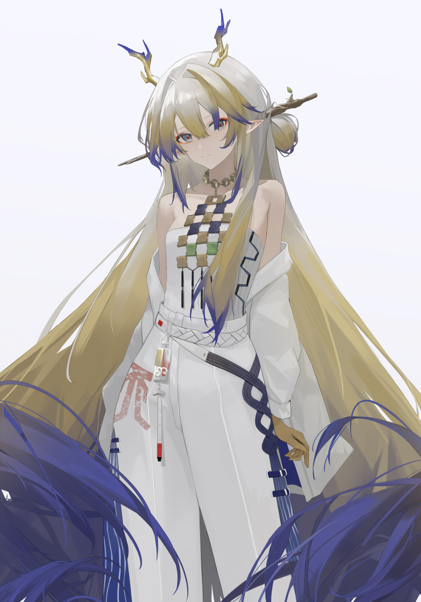 1girl, absurdres, arknights, bare_shoulders, belt, blonde_hair, chinese_commentary, closed_mouth