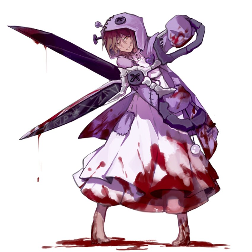 1girl, barefoot, blood, brown_eyes, brown_hair, commentary, dress, e.g.o_(project_moon)