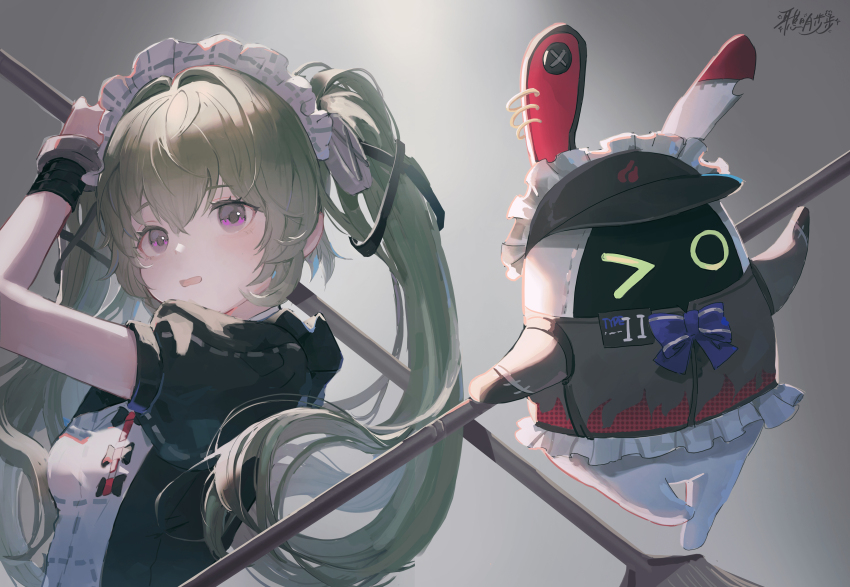 1girl, absurdres, bangboo_(zenless_zone_zero), breasts, broom, commentary_request, corin_wickes, cuffs