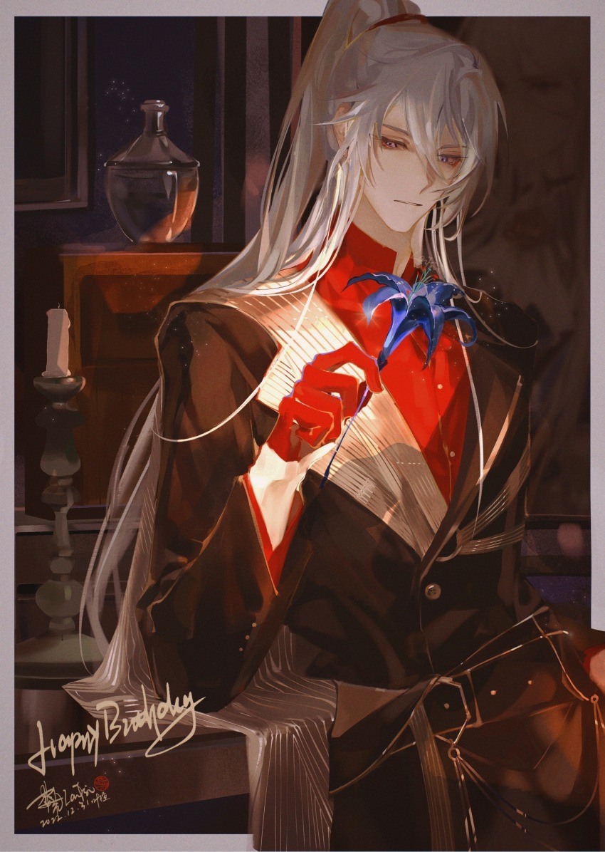 1boy, absurdres, belt, belt_buckle, black_belt, black_coat, blue_flower, border