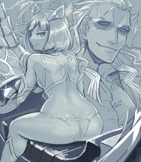 1boy, 1girl, animal_ears, ass, closed_mouth, commentary_request, crop_top, fake_animal_ears