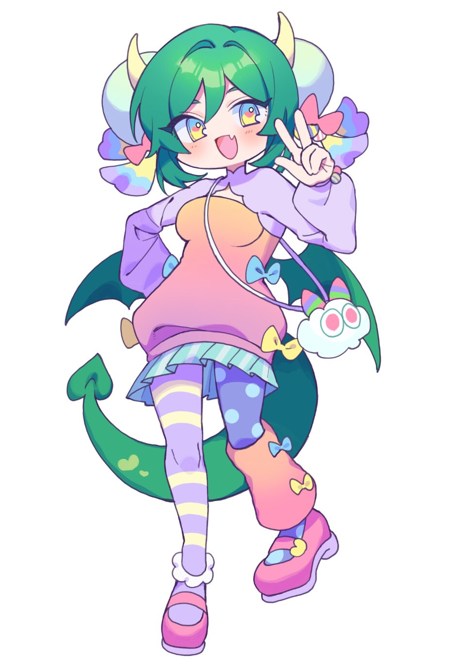 1girl, arm_up, asymmetrical_legwear, bag, blue_bow, blue_leggings, blue_skirt, bow