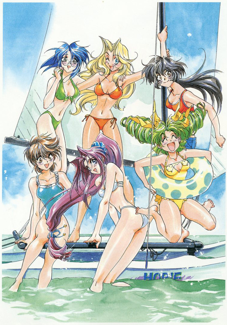 1990s_(style), 6+girls, barefoot, bikini, black_hair, blonde_hair, blue_eyes, blue_hair