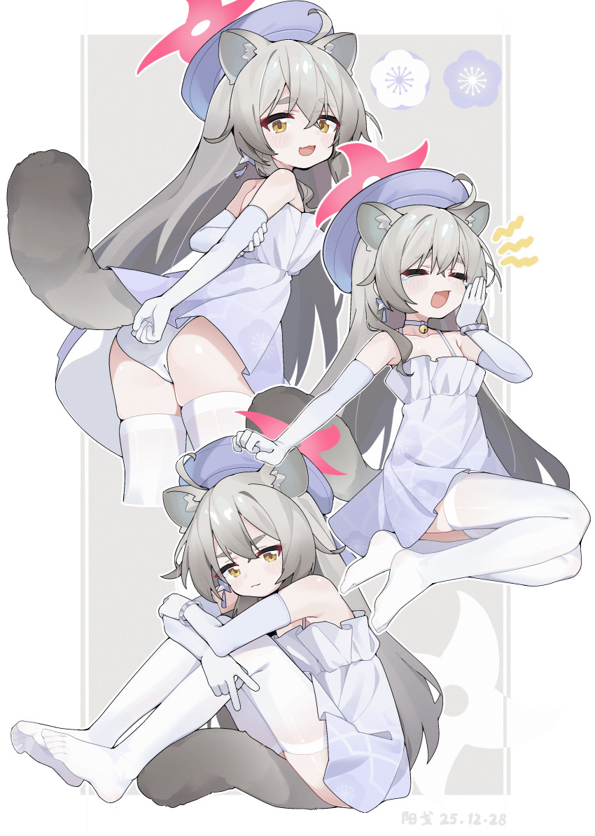 1girl, absurdres, animal_ears, ass, blue_archive, commentary_request, dress, elbow_gloves