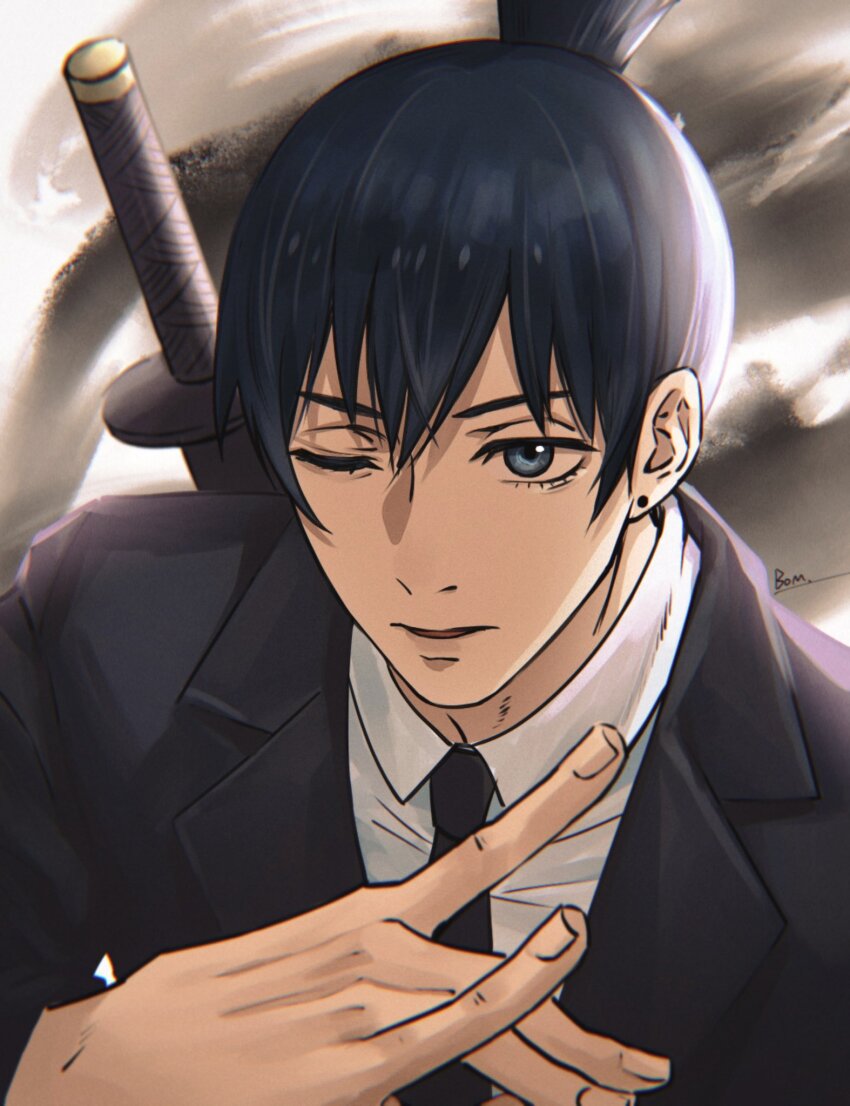 1boy, black_eyes, black_hair, black_jacket, black_necktie, bom-r, chainsaw_man, collared_shirt