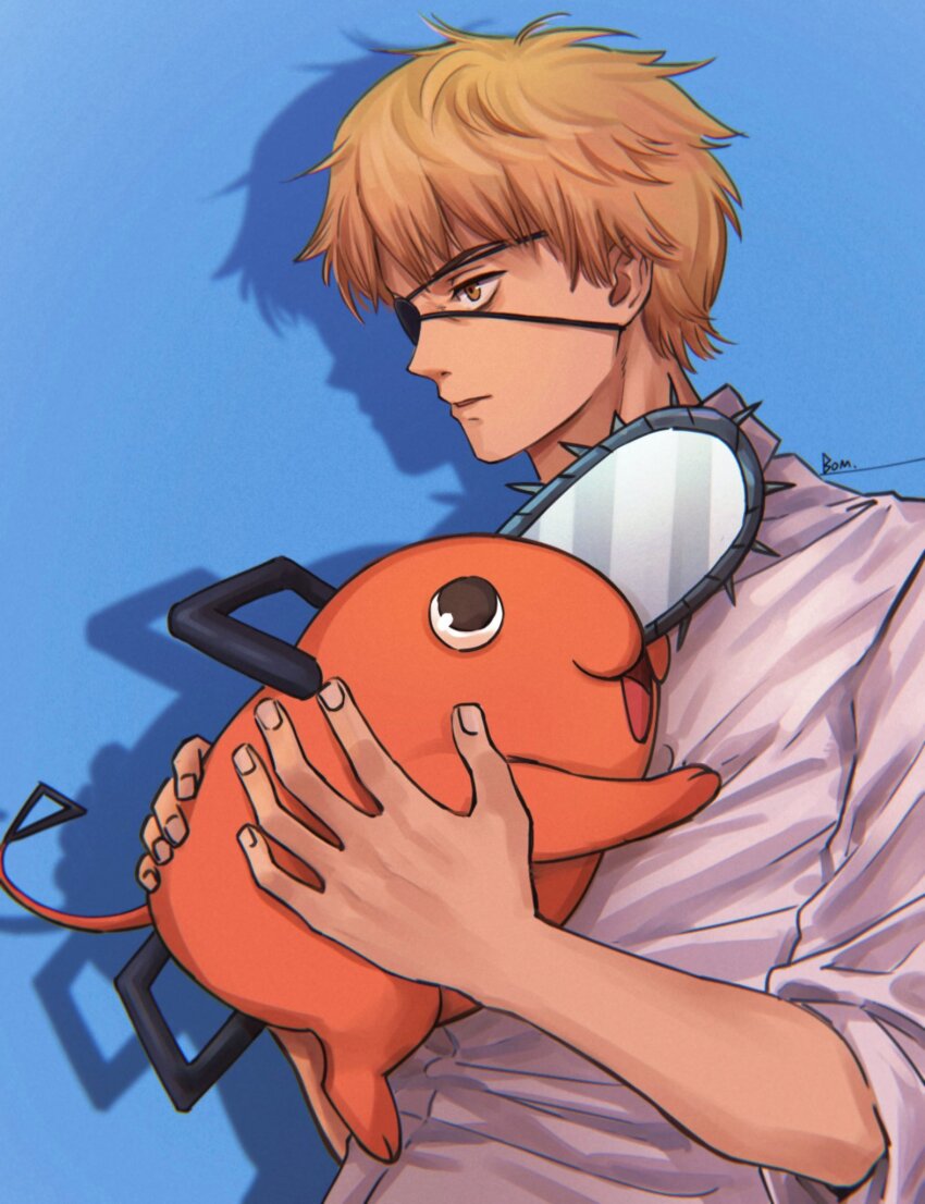 1boy, blonde_hair, blue_background, bom-r, brown_eyes, chainsaw_man, denji_(chainsaw_man), drop_shadow