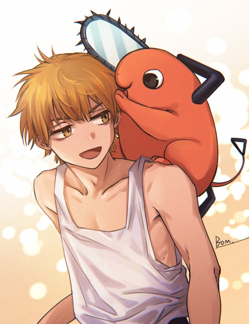 1boy, bags_under_eyes, black_eyes, bom-r, brown_eyes, brown_hair, chainsaw_man, collarbone