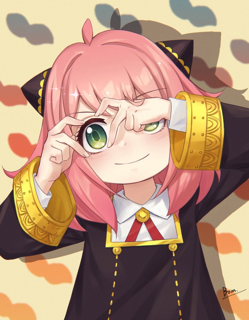 1girl, ahoge, anya_(spy_x_family), blush, bom-r, child, closed_mouth, commentary