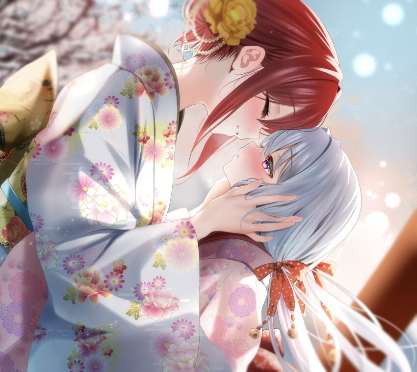 2girls, bagel_sandica, berry_(shoujo_no_nozomanu_eiyuutan), blush, closed_eyes, commentary_request, day, floral_print