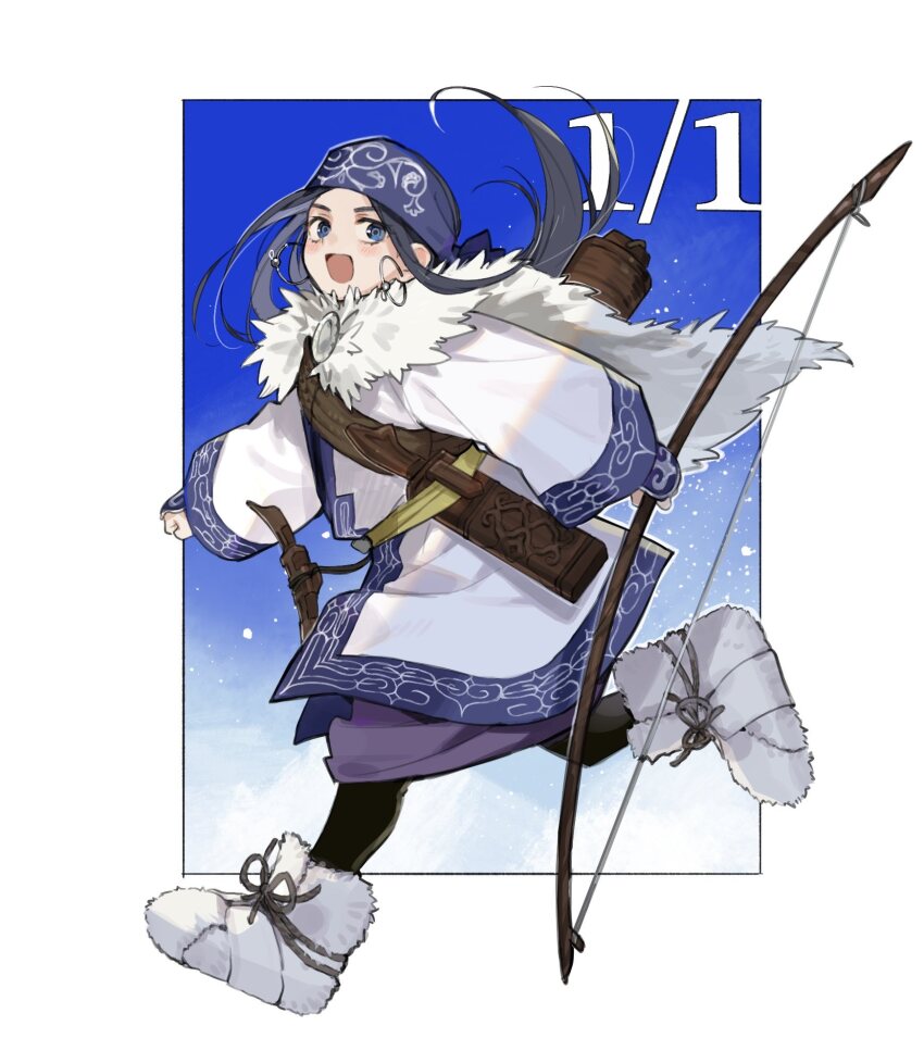 1girl, ainu_clothes, asirpa, belt, blue_background, blue_eyes, blue_hair, boots