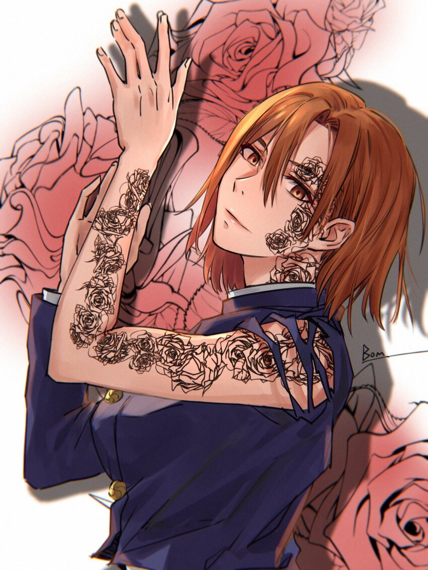 1girl, arm_tattoo, bom-r, brown_eyes, brown_hair, closed_mouth, drop_shadow, hair_between_eyes, hashtag-only_commentary, highres, jujutsu_kaisen, kugisaki_nobara, long_sleeves, looking_at_viewer, short_hair, solo, tattoo, torn_clothes, torn_sleeves, upper_body