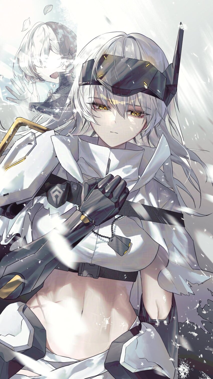 :d, adversarial_noise, bandaged_waist, cloak, commentary_request, dog_tags, elfav, faceless