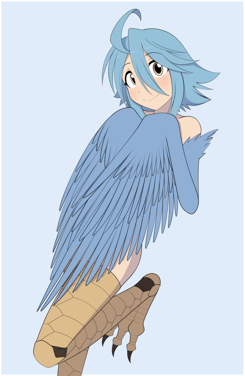 1girl, absurdres, ahoge, bird_legs, blue_feathers, blue_hair, blue_wings, blush, commentary, commentary_request, english_commentary, feathered_wings, feathers, furrgroup, grey_background, hair_between_eyes, harpy, highres, looking_at_viewer, monster_girl, monster_musume_no_iru_nichijou, nude, papi_(monster_musume), scales, short_hair, simple_background, smile, solo, talons, winged_arms, wings, yellow_eyes