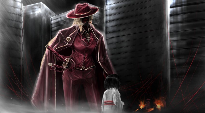 2girls, absurdres, aged_down, belt, black_hair, blonde_hair, child, cigar