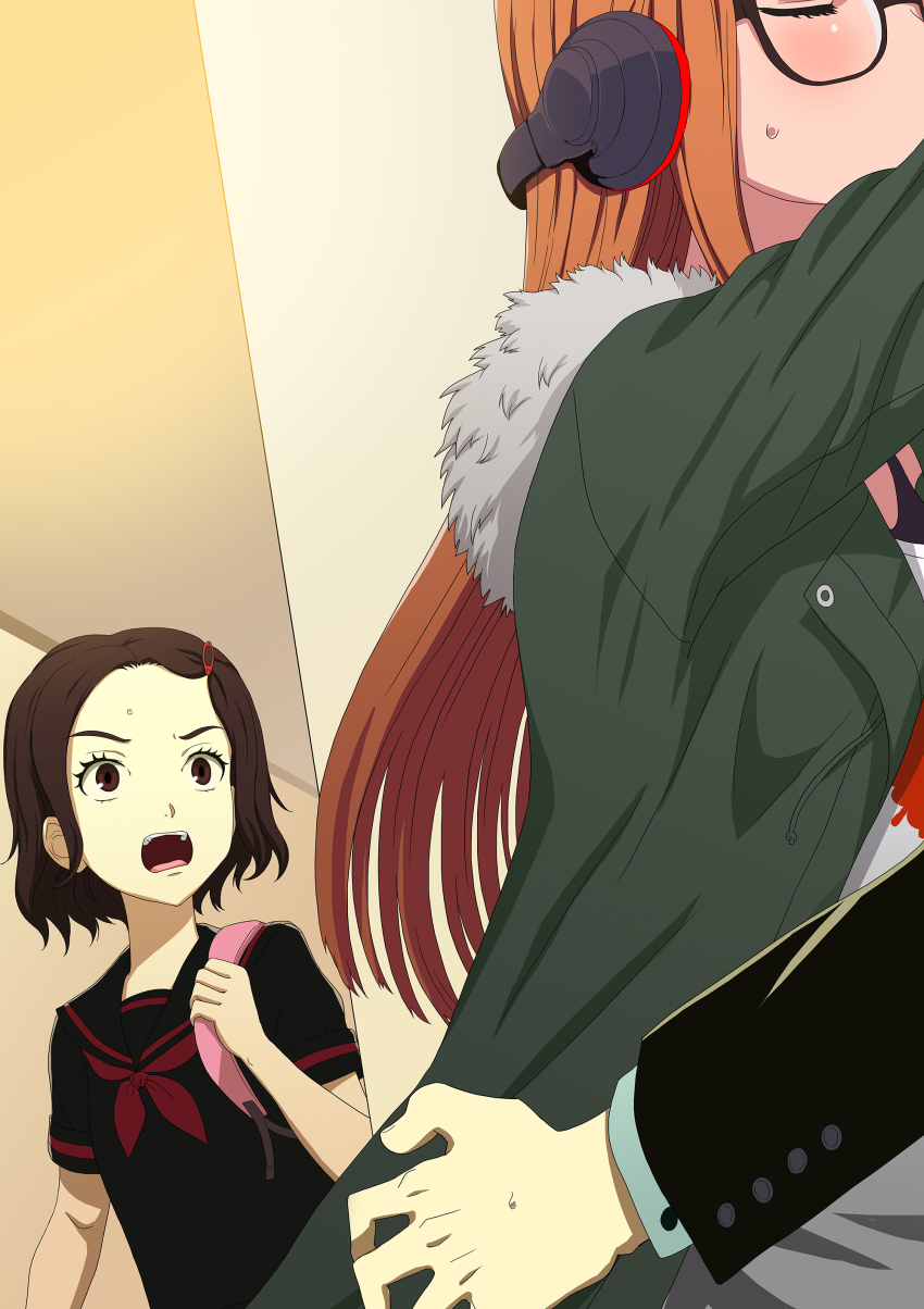 1boy, 2girls, absurdres, age_difference, brown_hair, charka, closed_eyes, glasses, hasegawa_akane_(persona_5_scramble), hasegawa_zenkichi, headphones, hetero, highres, kiss, long_hair, multiple_girls, orange_hair, persona, persona_5, persona_5_scramble:_the_phantom_strikers, red_eyes, sakura_futaba, school_uniform, surprised, sweatdrop, tagme, very_long_hair