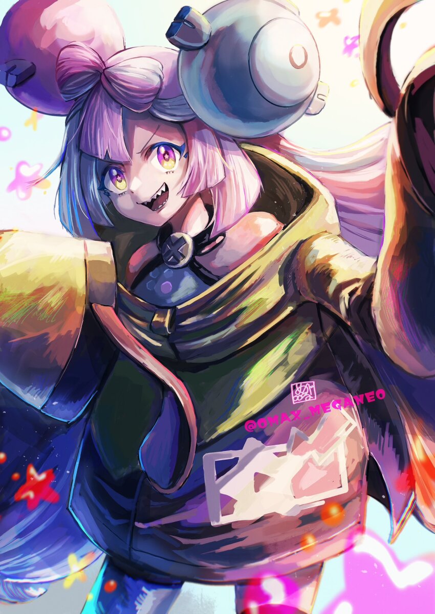 1girl, :d, artist_name, blue_hair, blunt_ends, bow-shaped_hair, character_hair_ornament, cowboy_shot