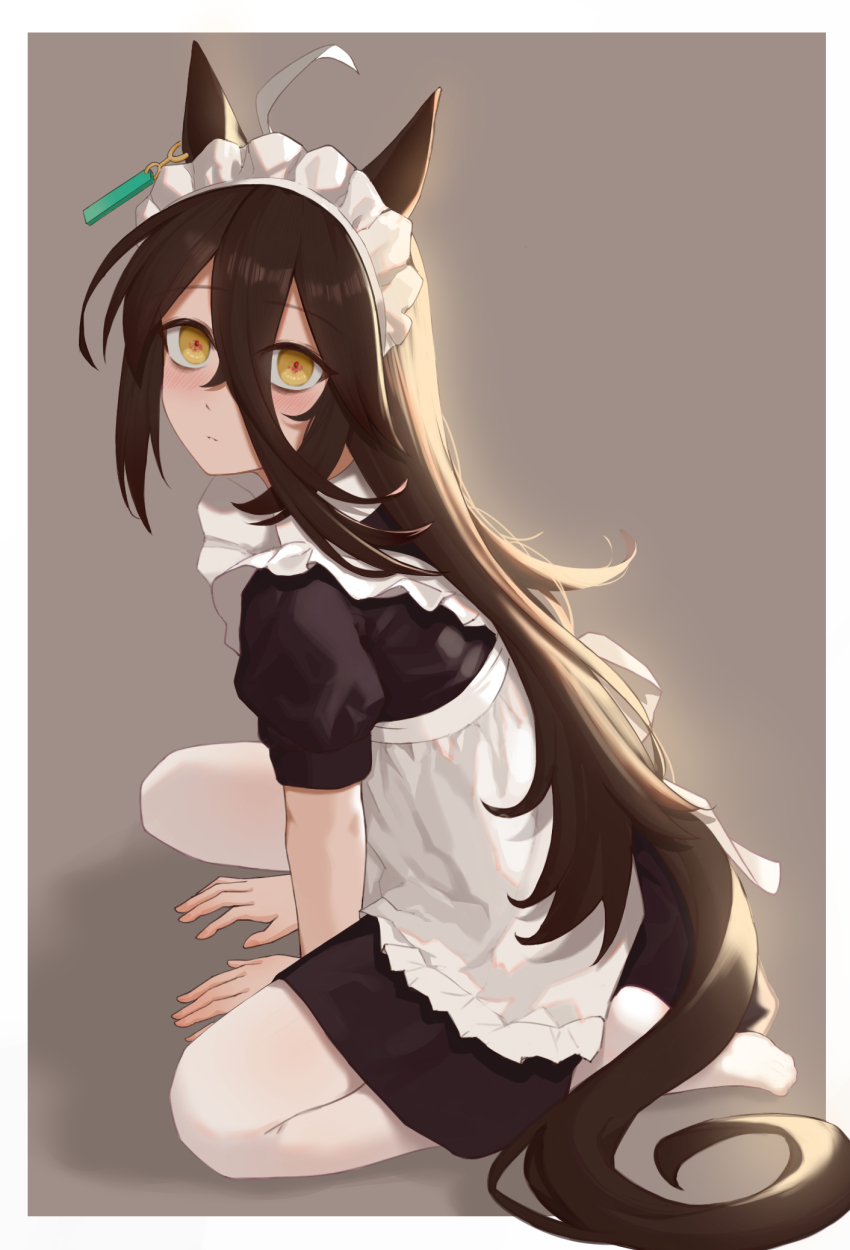 1girl, alternate_costume, animal_ears, apron, black_dress, black_hair, closed_mouth, commentary