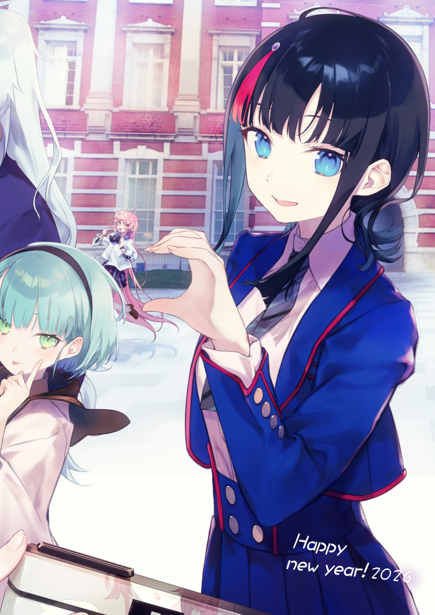 1boy, 3girls, absurdres, black_hair, blue_eyes, blue_jacket, blue_skirt, blush
