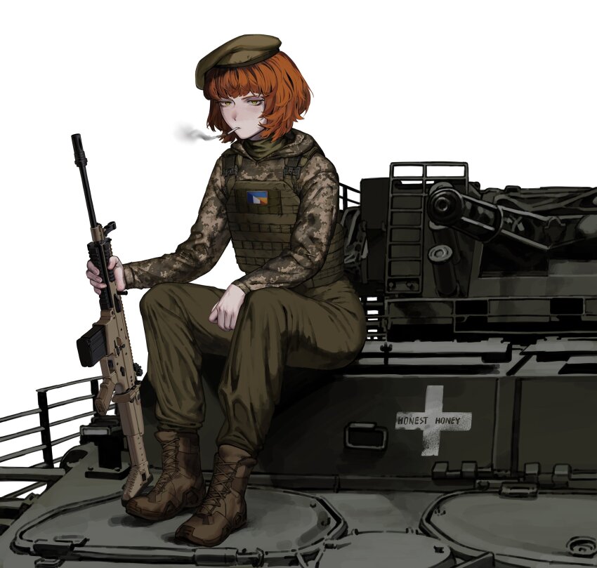 1girl, absurdres, aircraft, airplane, armored_personnel_carrier, armored_vehicle, army, assault_rifle, battle_rifle, beret, bulletproof_vest, camouflage, cigarette, commentary, curly_hair, digital_camouflage, english_commentary, expressionless, flag_patch, fn_scar, french_flag, full_body, green_eyes, gun, h0nesth0ney, hat, highres, holding, holding_gun, holding_weapon, looking_at_viewer, military, military_combat_uniform, military_uniform, military_vehicle, mm14, motor_vehicle, natalie_(qvit11), on_tank, original, patch, rifle, russo-ukrainian_war, scarf, sitting, smoke, smoke_trail, smoking, soldier, ukrainian_flag, vehicle_focus, weapon