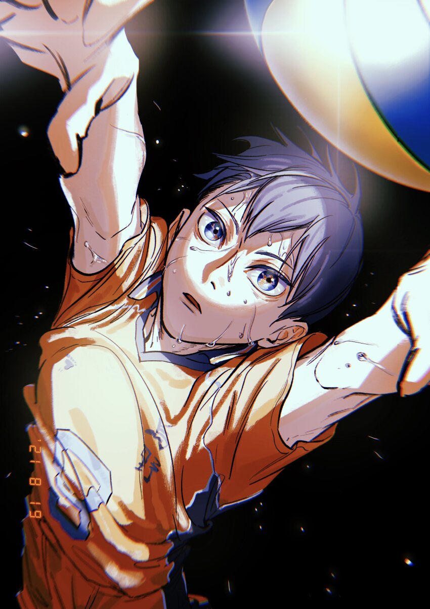 1boy, absurdres, arms_up, ball, black_background, blue_eyes, blue_hair, commentary_request, dated, flying_sweatdrops, from_above, haikyuu!!, hatena_nani, highres, jumping, kageyama_tobio, karasuno_volleyball_uniform, male_focus, open_mouth, short_hair, solo, sweat, volleyball_(object)