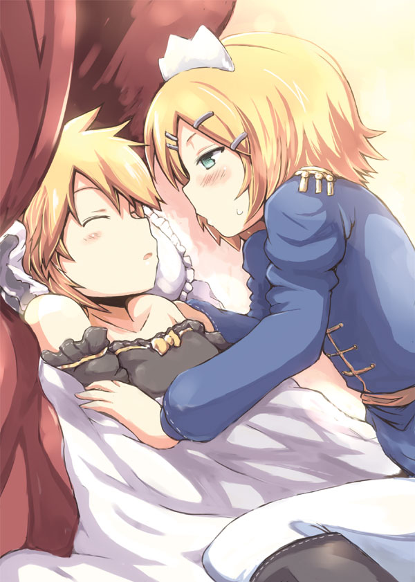 1boy, 1girl, androgynous, aqua_eyes, aqua_hair, blonde_hair, blush, brother_and_sister