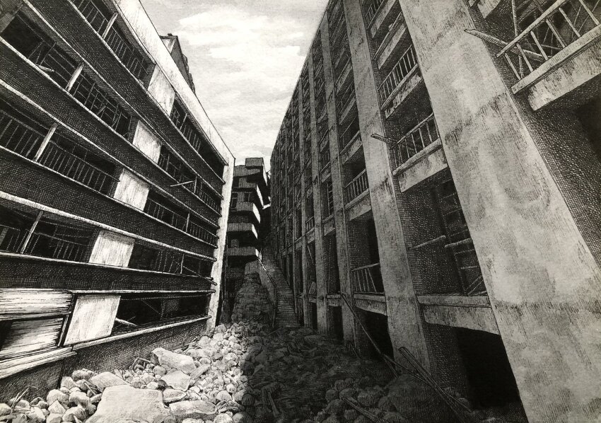 abandoned, alley, building, commentary, crosshatching, greyscale, hashima_island, hatching_(texture)