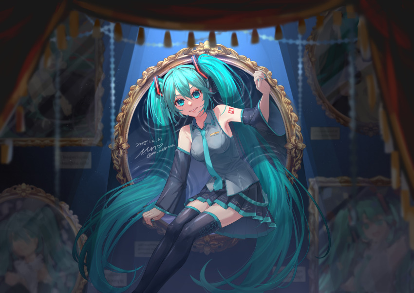 1girl, absurdres, aqua_eyes, aqua_hair, aqua_necktie, aqua_trim, arm_tattoo, bare_shoulders, black_boots, black_skirt, blush, boots, breasts, collared_shirt, commentary_request, detached_sleeves, feet_out_of_frame, grey_shirt, hair_between_eyes, hair_ornament, hatsune_miku, highres, long_hair, long_sleeves, looking_at_viewer, medium_breasts, miniskirt, mn_meinona, necktie, number_tattoo, open_mouth, pleated_skirt, shirt, skirt, sleeveless, sleeveless_shirt, smile, solo, tattoo, thigh_boots, thighhighs, twintails, very_long_hair, vocaloid, wide_sleeves, zettai_ryouiki
