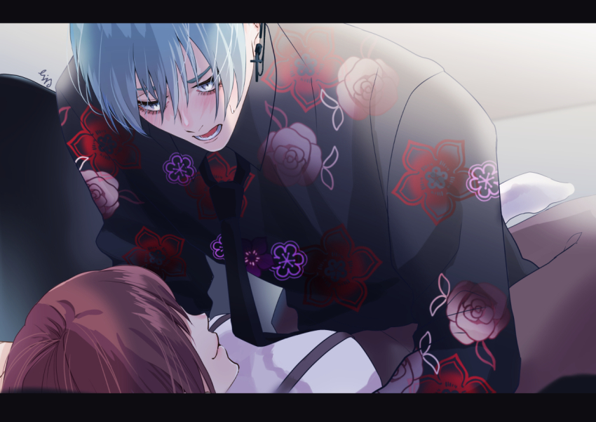 1boy, 1girl, ash_(inkya_lovecome), bags_under_eyes, black_necktie, black_shirt, blue_hair, blush