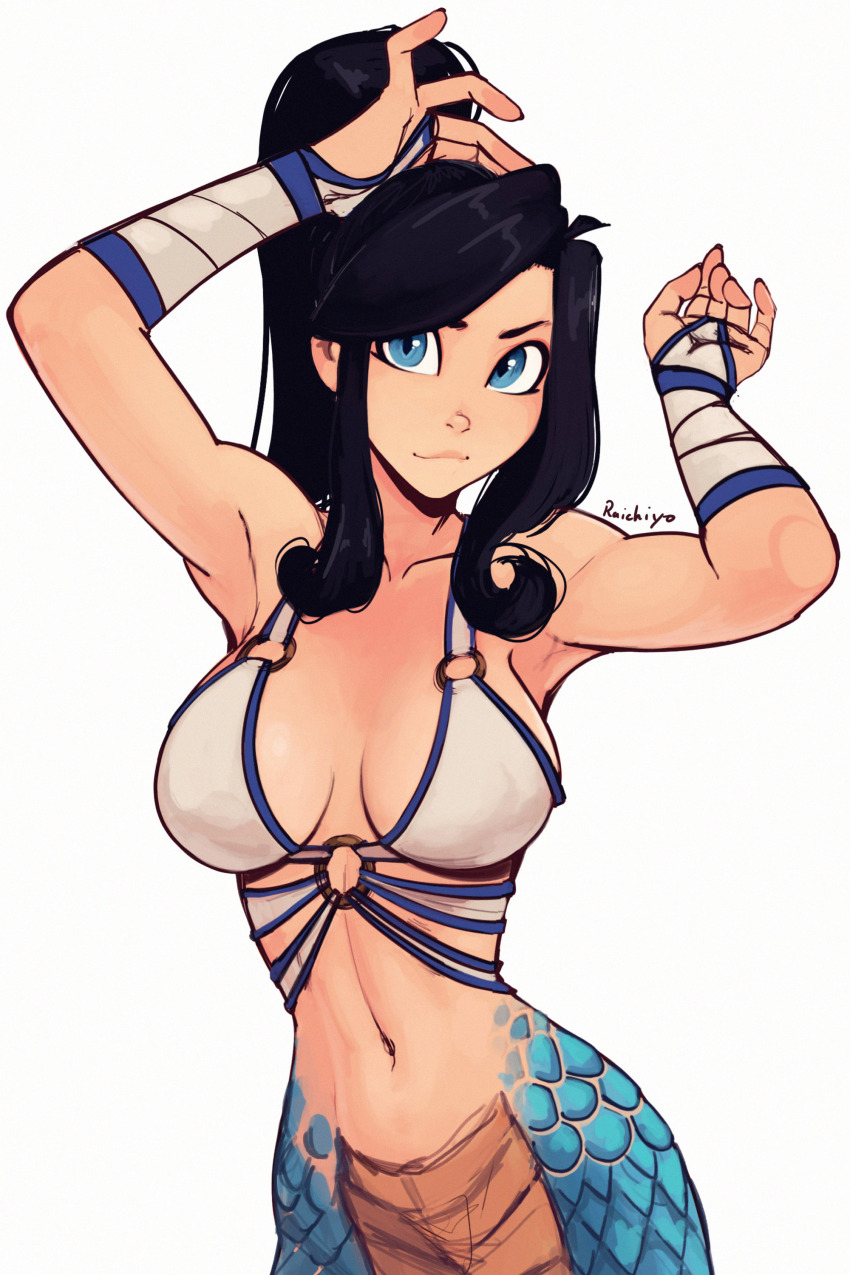 1girl, absurdres, armpits, arms_behind_head, artist_name, bandaged_arm, bandages, bikini, bikini_top_only, black_hair, blue_eyes, breasts, breasts_apart, chimi_(raichiyo33), closed_mouth, commentary, english_commentary, hair_behind_ear, head_tilt, highres, lamia, long_hair, medium_breasts, monster_girl, navel, nose, o-ring, o-ring_bikini, o-ring_top, open_hand, original, parted_hair, ponytail, raichiyo33, scales, simple_background, solo, swimsuit, tying_hair, white_background, white_bikini